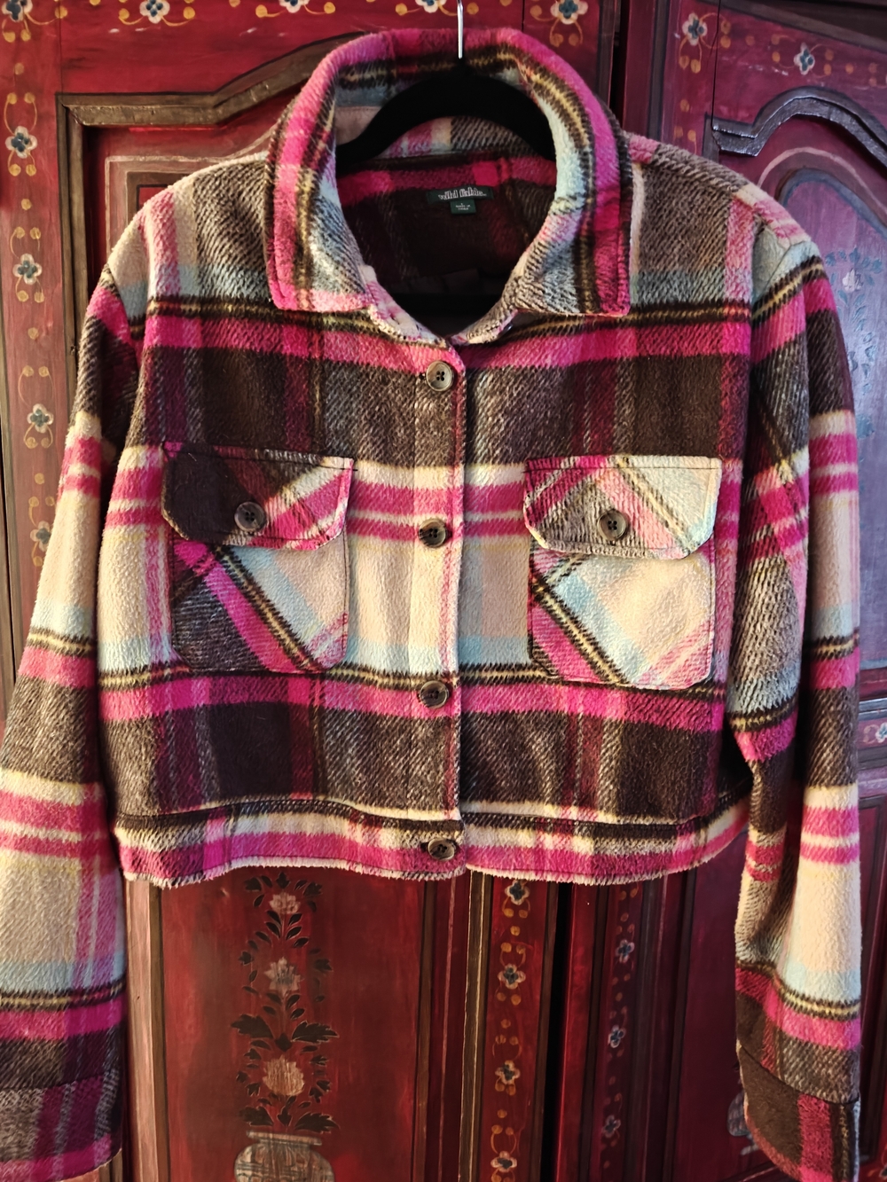 Women's Cropped Plaid Flannel Jacket in Pink, Black And Turquoise Cozy Large